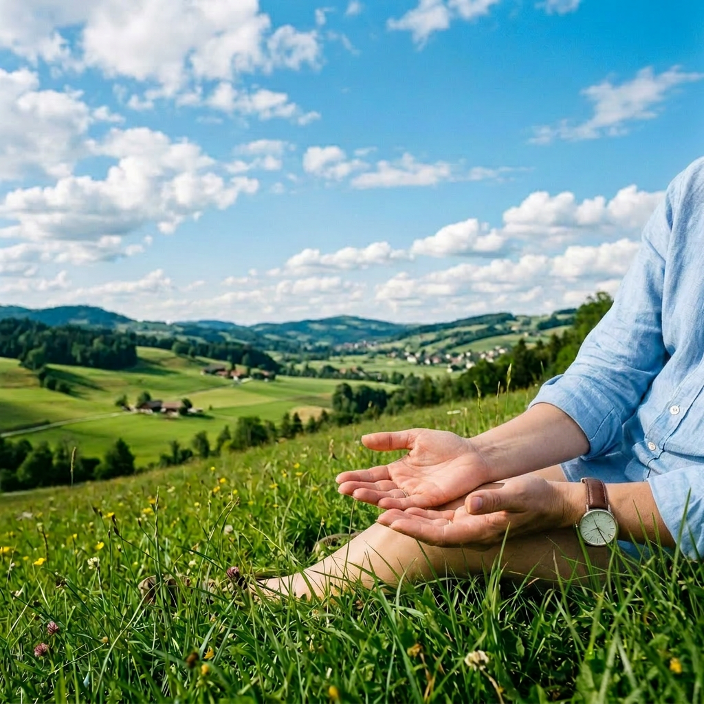 Person sitting barefoot in grassy meadow with hands clasped, blue shirt visible