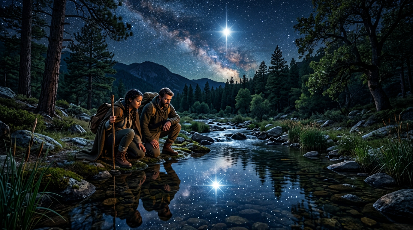Two hikers kneel beside a mountain stream under the Milky Way
