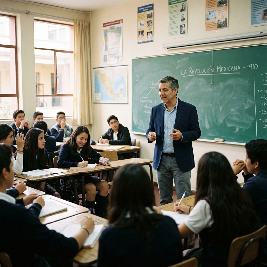 Teacher discussing the Mexican Revolution with students in a classroom